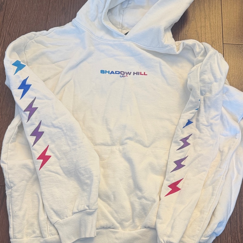 Shadow Hill White Hoodie with Vibrant Lightning Accents